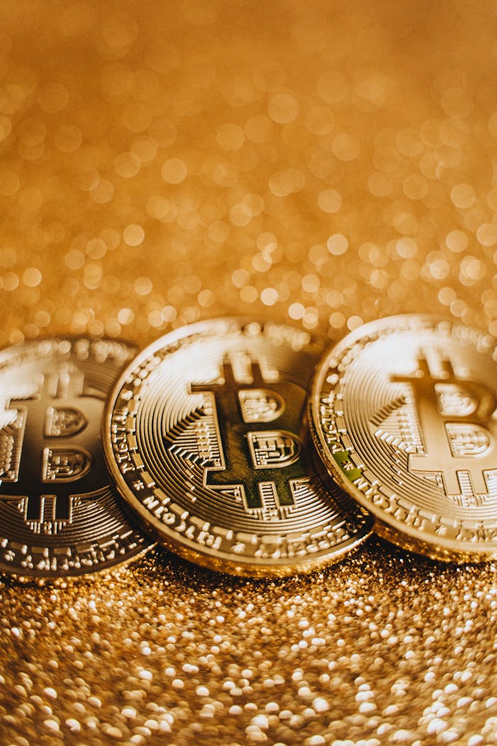 services-01 Close-up of golden Bitcoin coins on a glittering gold surface, showcasing digital currency themes.